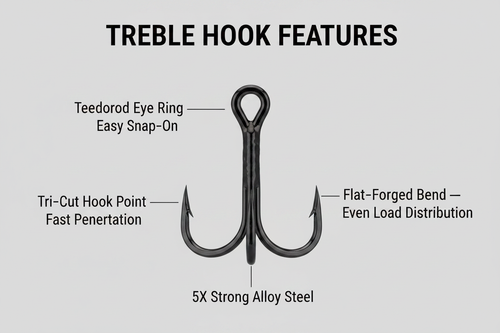 Black treble hook with tear-drop eye ring and tri-cut point tips