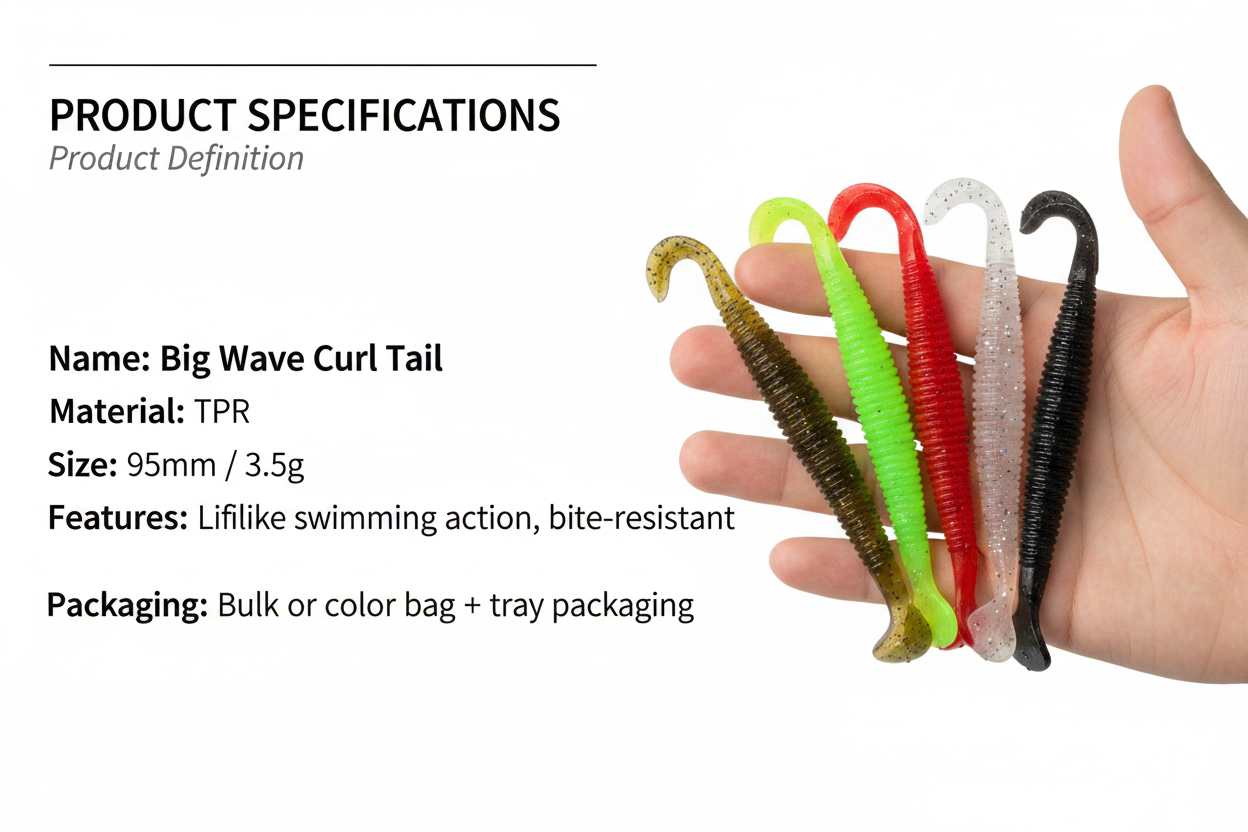 TPR curl-tail soft fishing lures held in hand: black, green, red, and gold tones