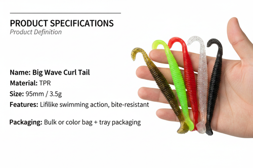 TPR curl-tail soft fishing lures held in hand: black, green, red, and gold tones