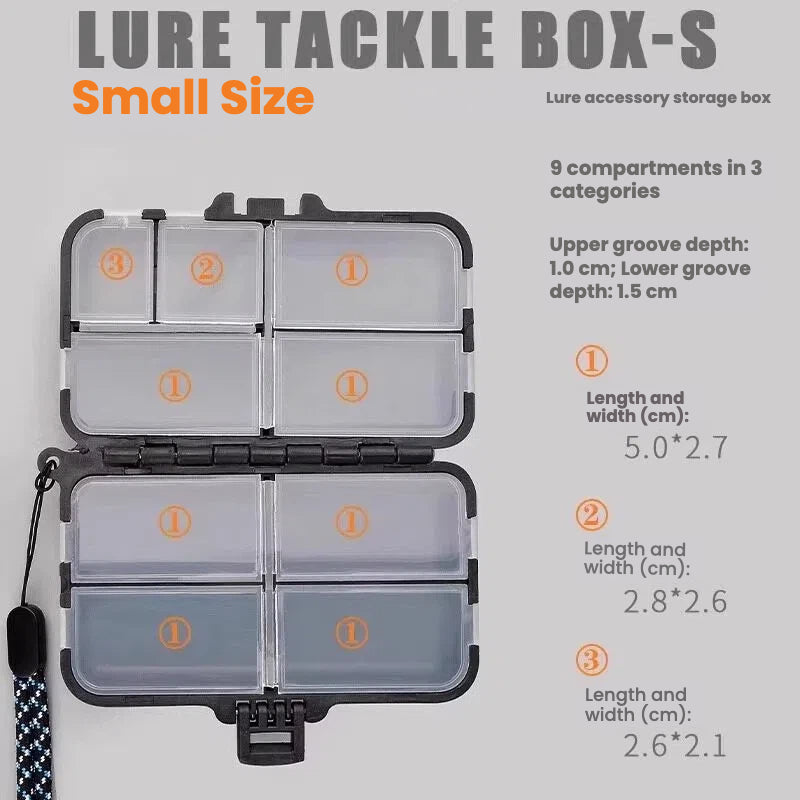 Small lure tackle box, dark case with clear compartments and 9 section layout