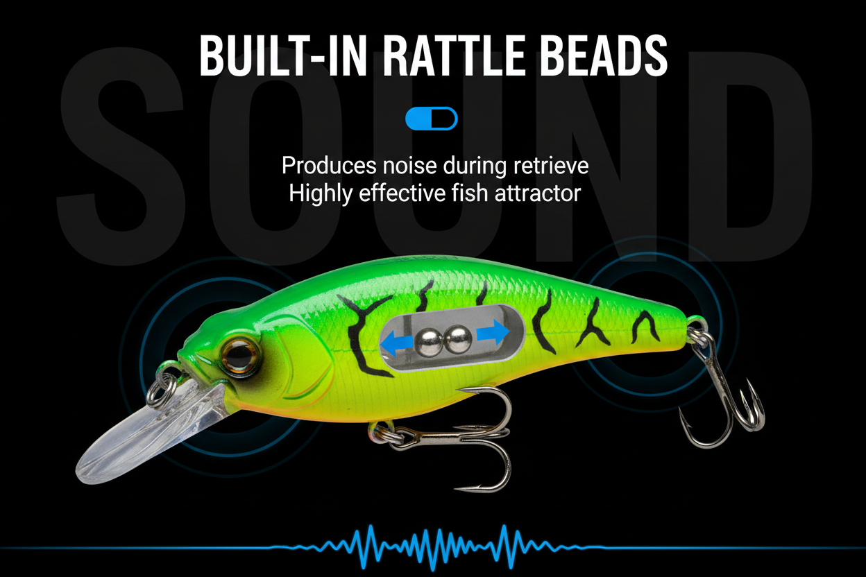 Green long-lip sinking minnow crankbait with clear lip and treble hooks
