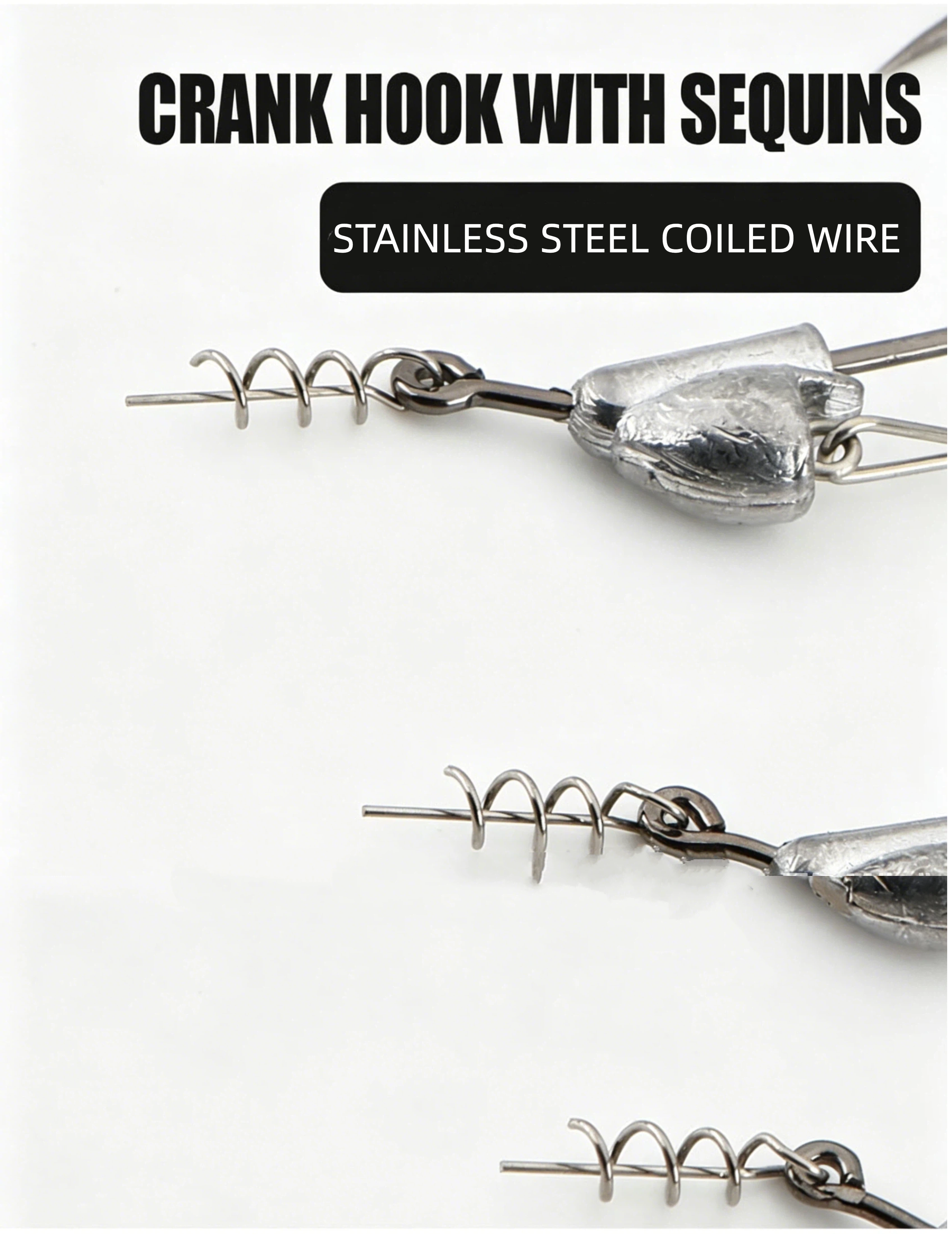 Stainless coiled wire on silver crank hook with weighted lead sinker and wide-gap hook