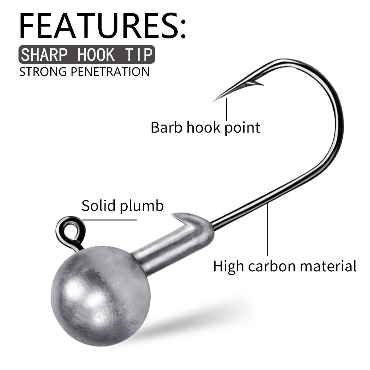 Close-up silver weedless jig head hook with barb point on a high-carbon steel lead body