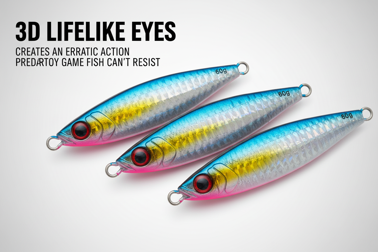 Three fishing spinner jig lures with silver blades, 3D eyes, and single hooks.