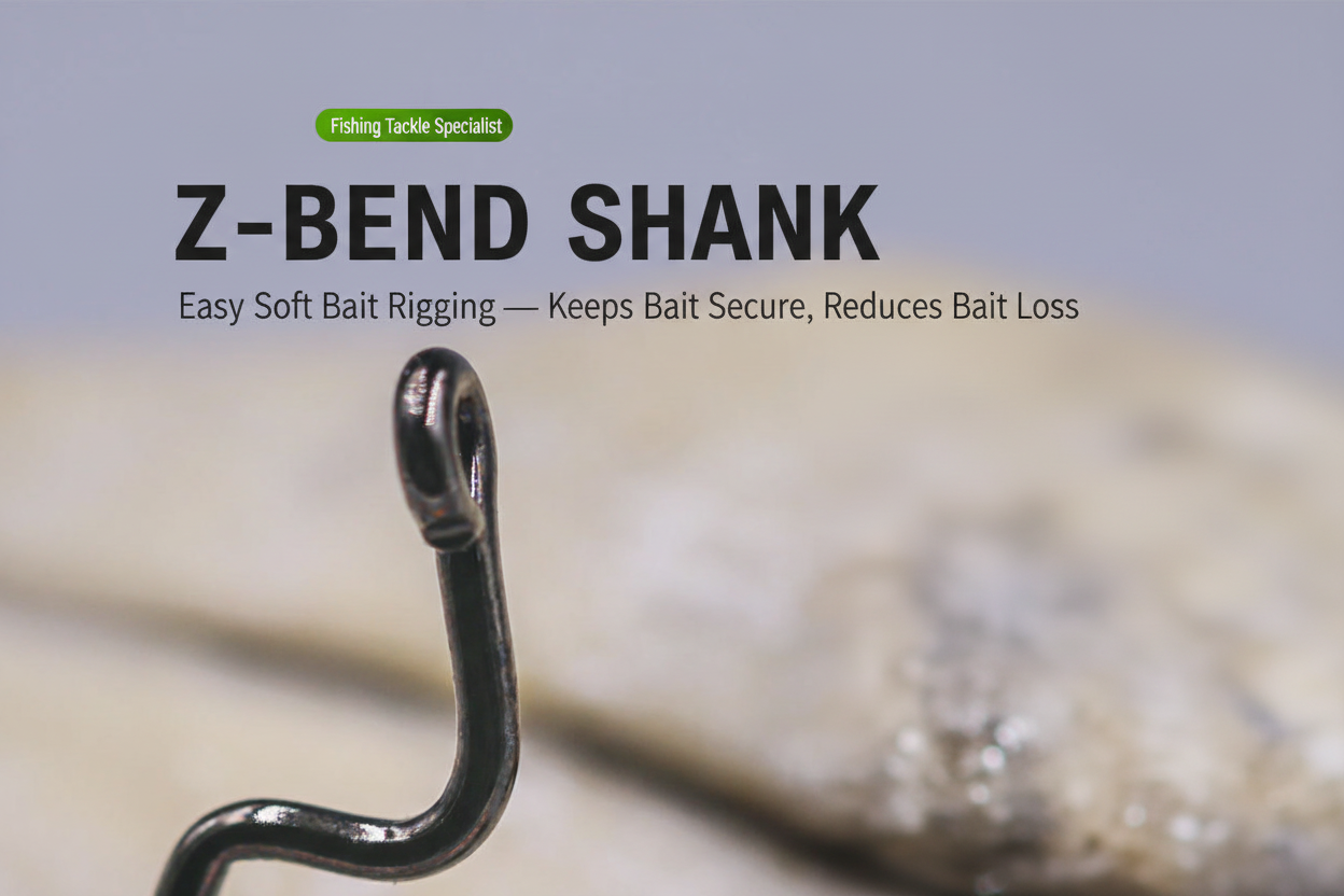 Z-bend shank worm hook close-up in dark metal with small eye