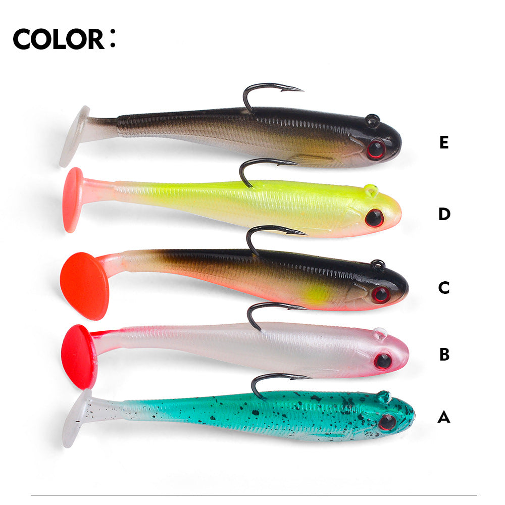 Set of five paddle tail soft swimbaits with single hooks in assorted colors A–E