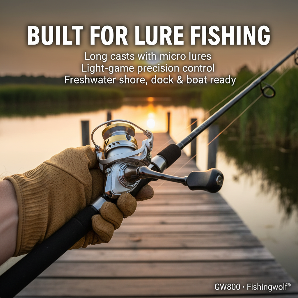 Ultralight spinning reel on rod, silver frame and gold spool with black handle grip