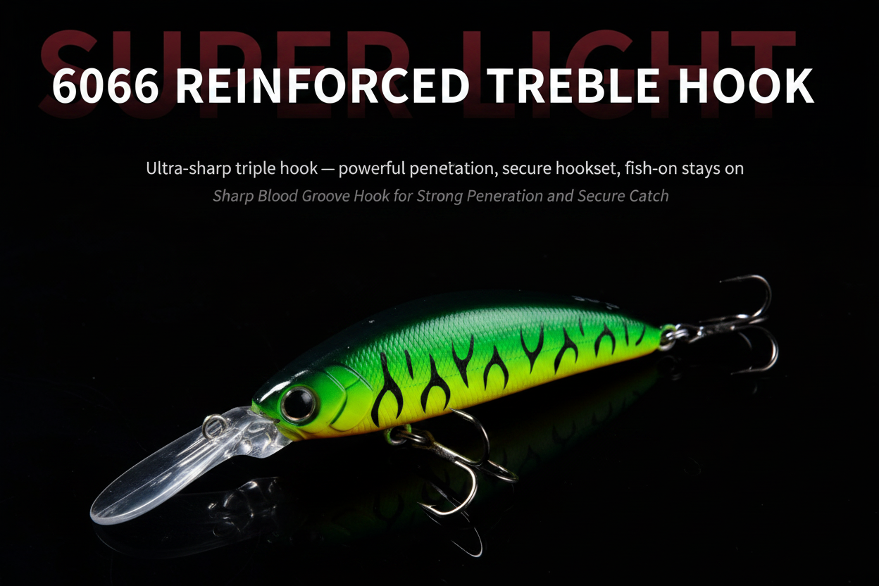 Green long-lip sinking minnow crankbait with treble hook and clear lip