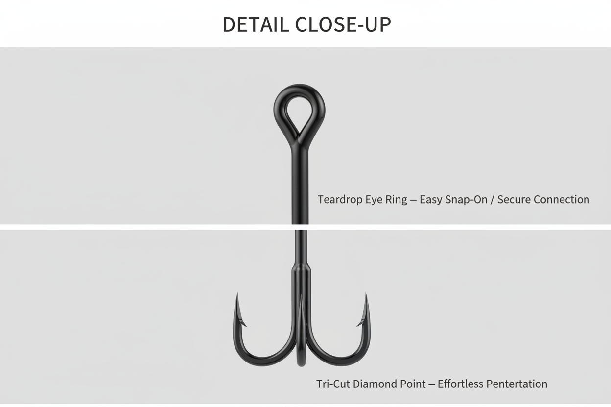 Black treble hook close-up with loop eye ring and three curved barbs