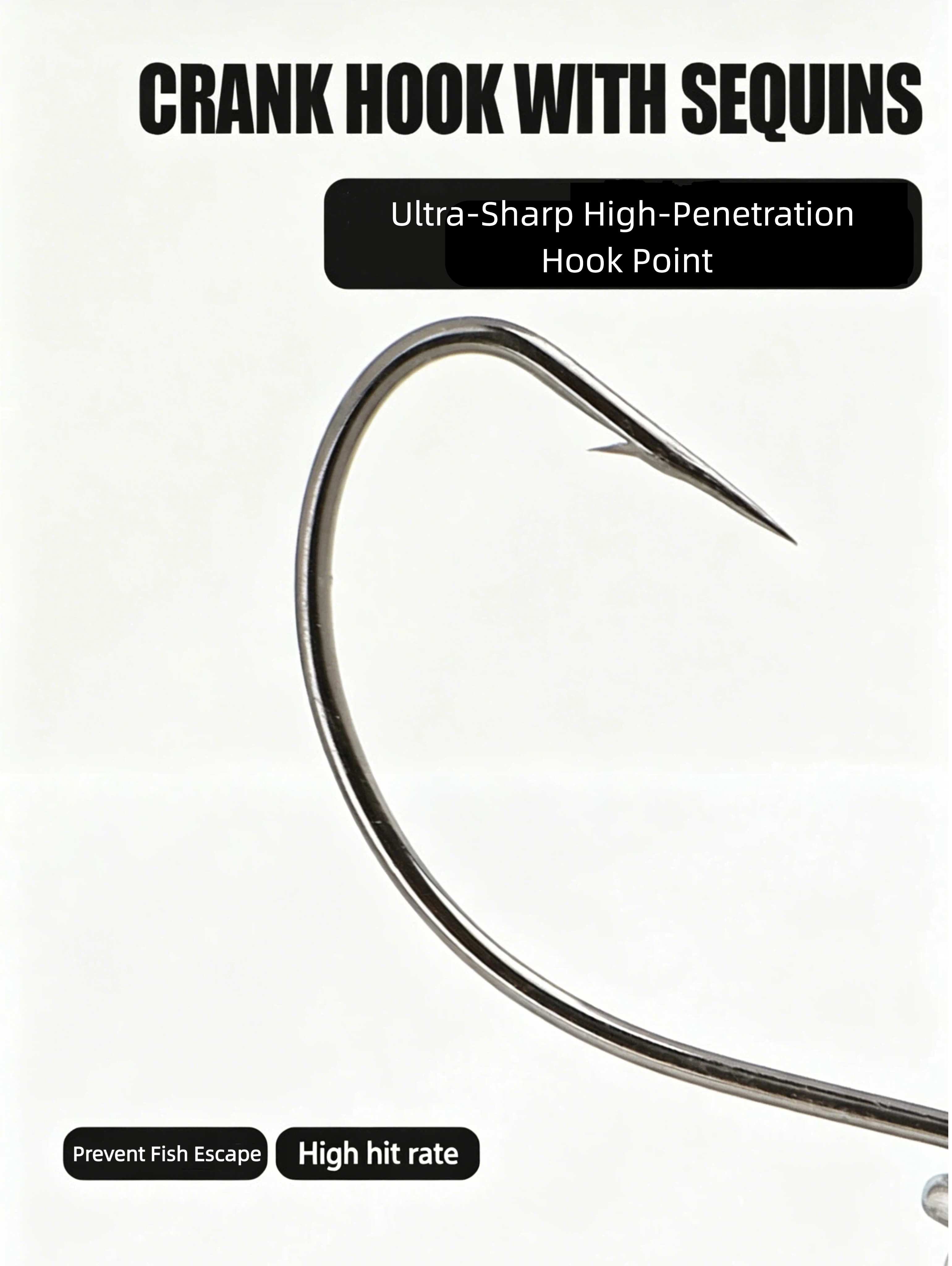 Ultra-sharp crank hook point on silver lure hook, wide-gap curved shank