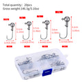 Weedless jig head hook size chart with round lead heads and tackle box