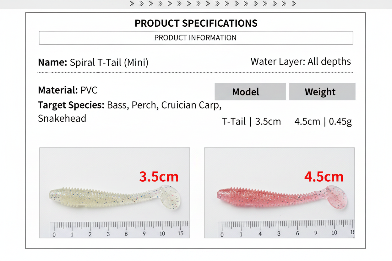 Spiral T-tail soft lure pair: 3.5 cm pale green and 4.5 cm pink, with jig heads