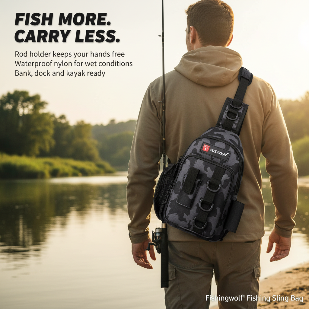 Black camo fishing sling bag worn crossbody with rod holder and front storage