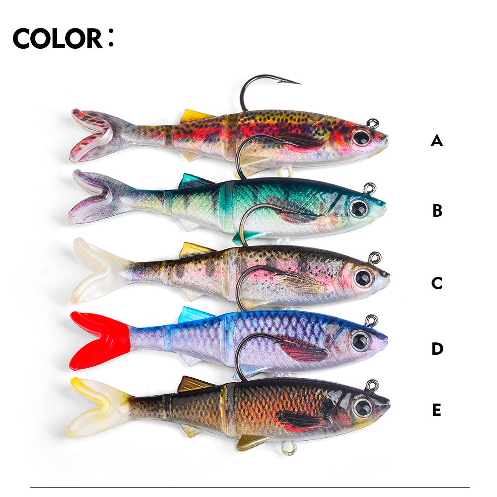 Set of fish-shaped soft swimbait jig lures in five color patterns with hooks