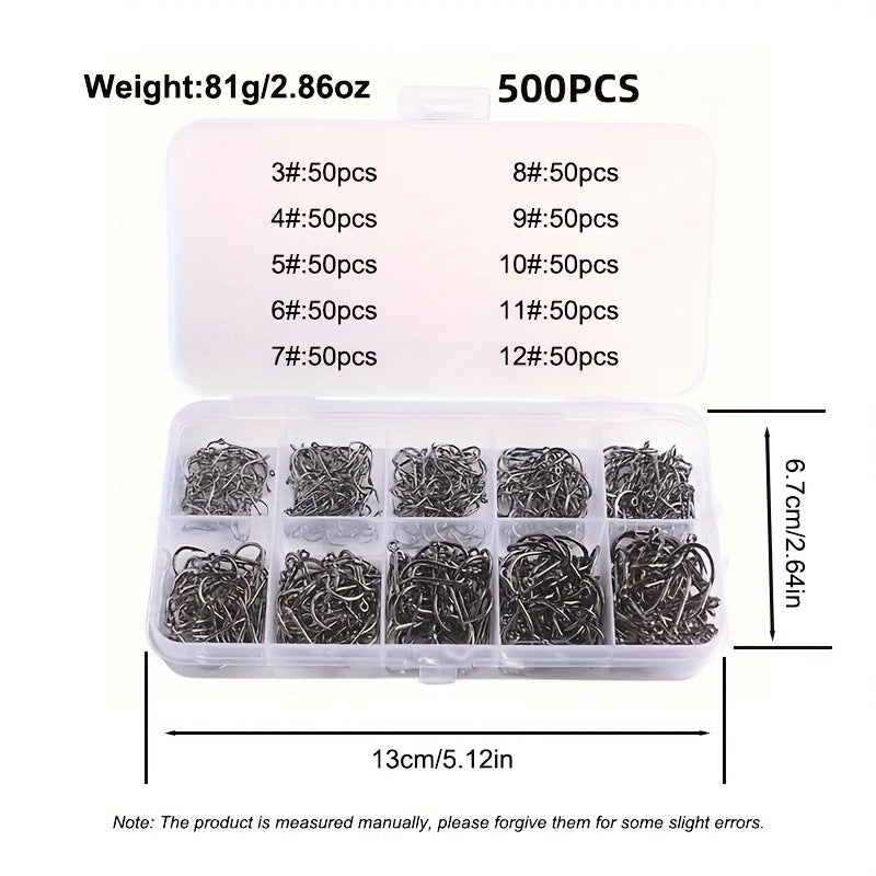 Clear 10-slot tackle box filled with assorted black round-bend fishing hooks