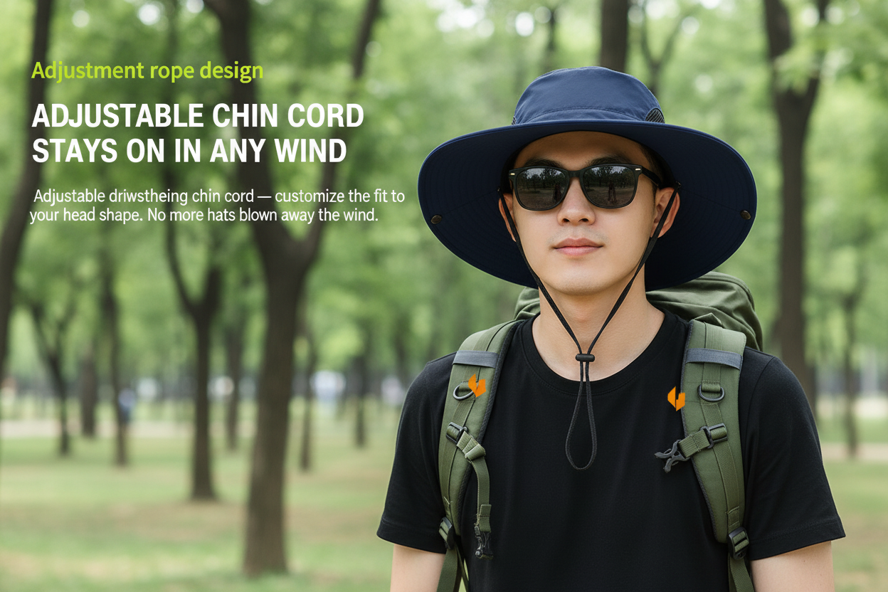 Wide-brim boonie sun hat in dark color with adjustable chin cord