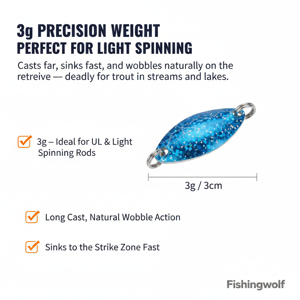 Blue glitter metal trout spoon lure with single hook and split ring