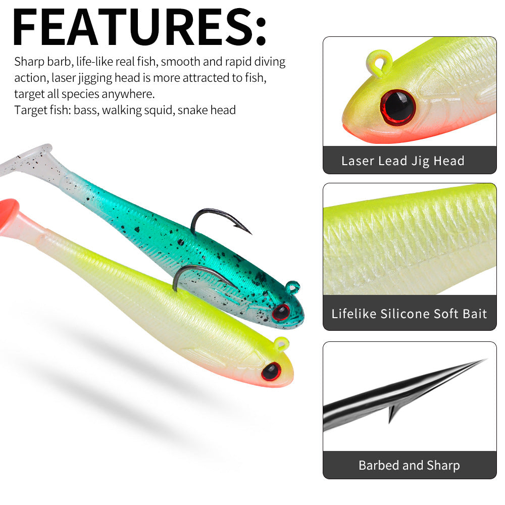 Teal and chartreuse paddle tail soft swimbaits with jig head and red-black eyes