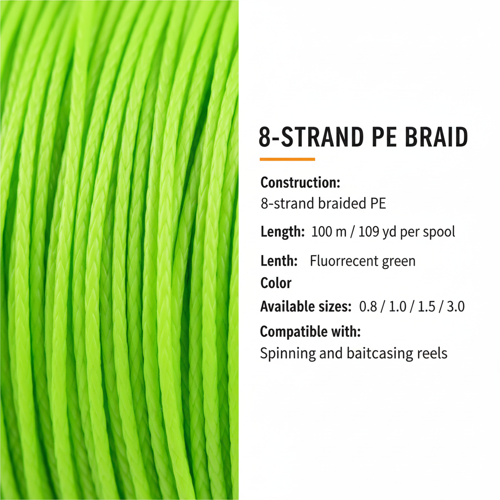 Fluorescent green 8-strand braided PE fishing line close-up, tightly braided strands