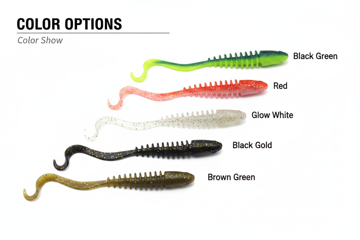 TPR curl-tail soft fishing lure color options: black-green, red, glow-white, black-gold, brown-green