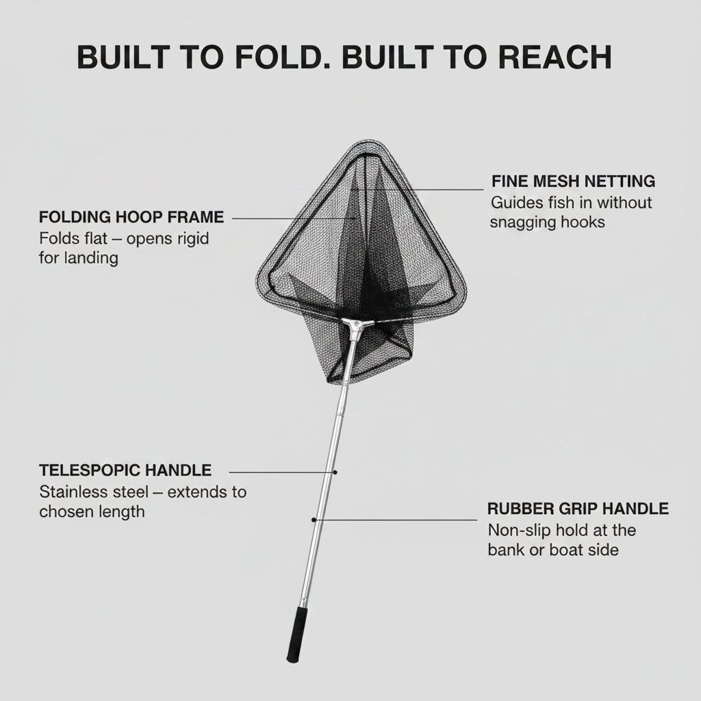 Folded triangular hoop landing net with fine mesh and stainless telescopic handle