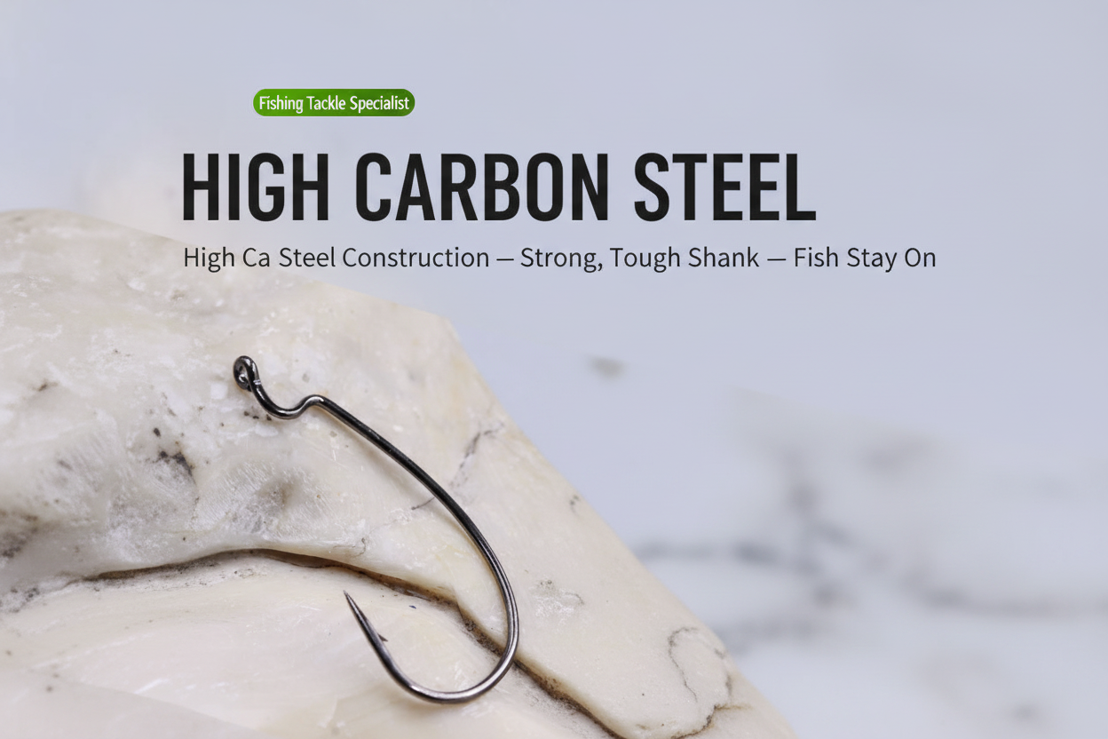 High carbon steel worm hook with curved offset shank and round eye