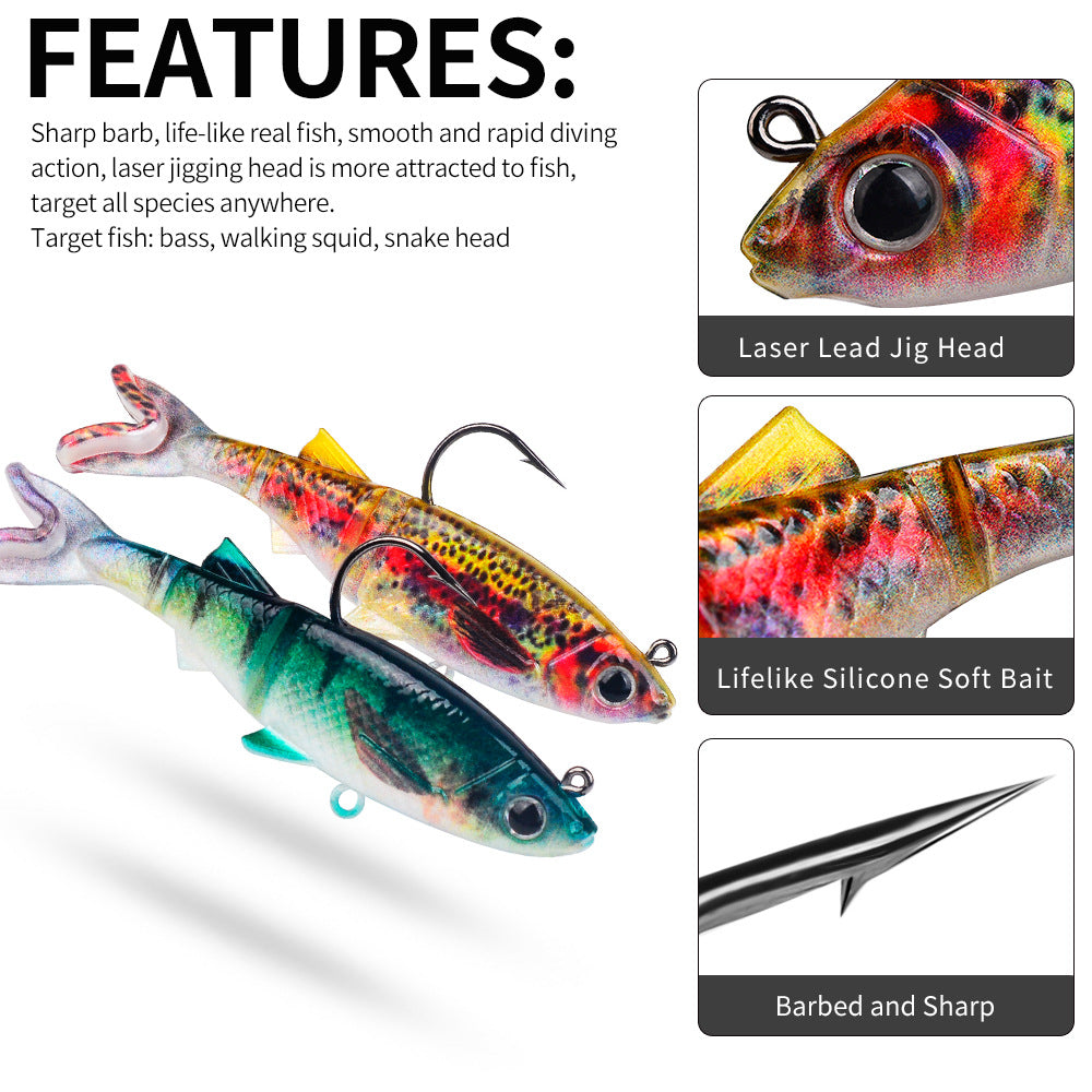Fish-shaped soft swimbait jig lure with large painted eye and curved hook