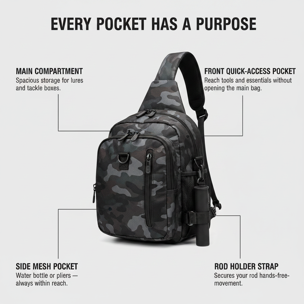 Black camo fishing sling bag with main compartment, front pocket, and side mesh pocket