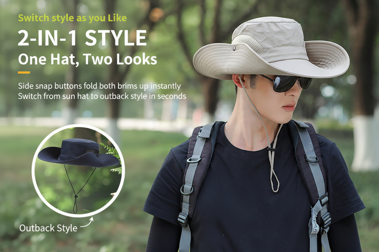 Wide-brim boonie sun hat in dark color with chin cord and adjustable fit