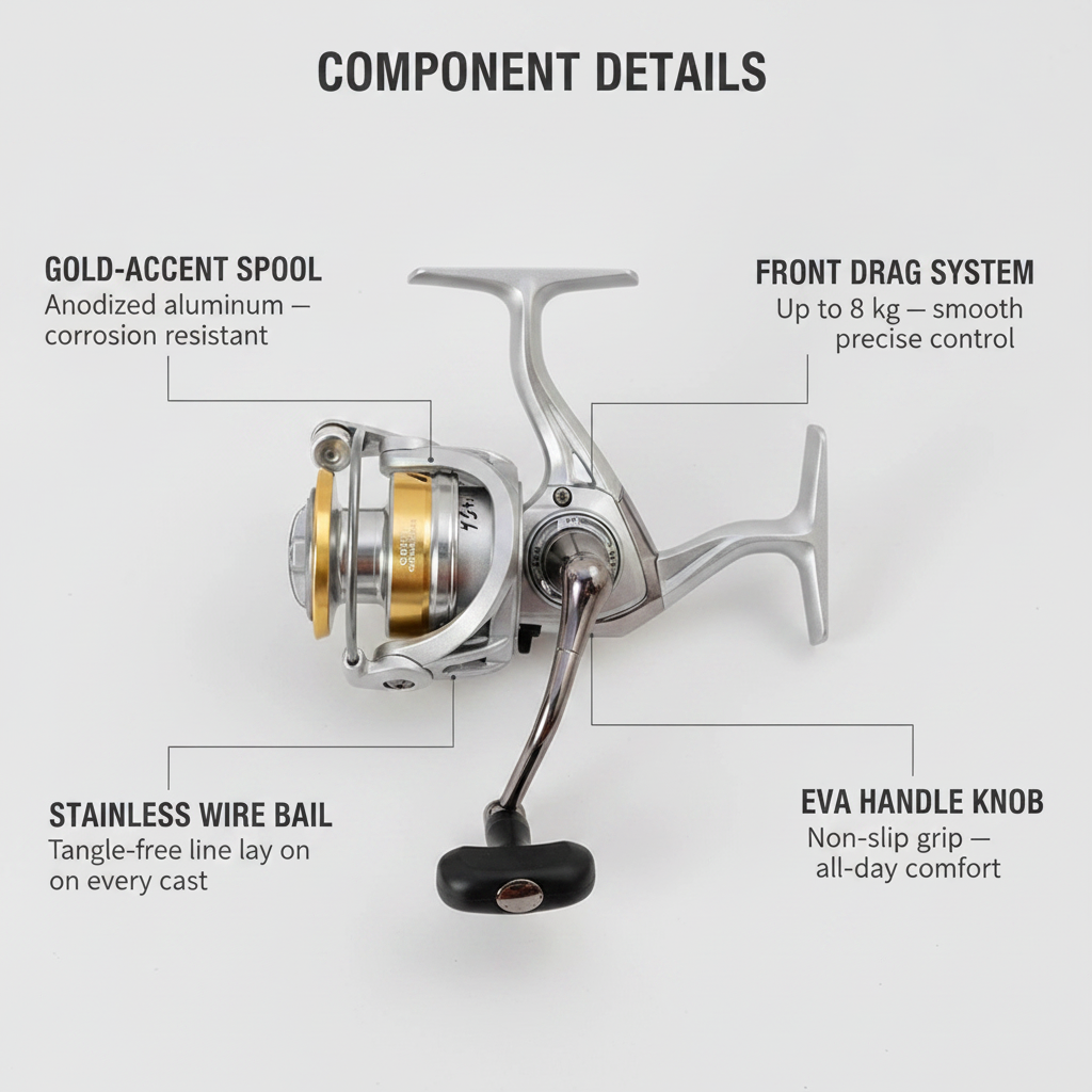 Spinning reel details: gold spool, stainless wire bail, front drag, EVA handle knob