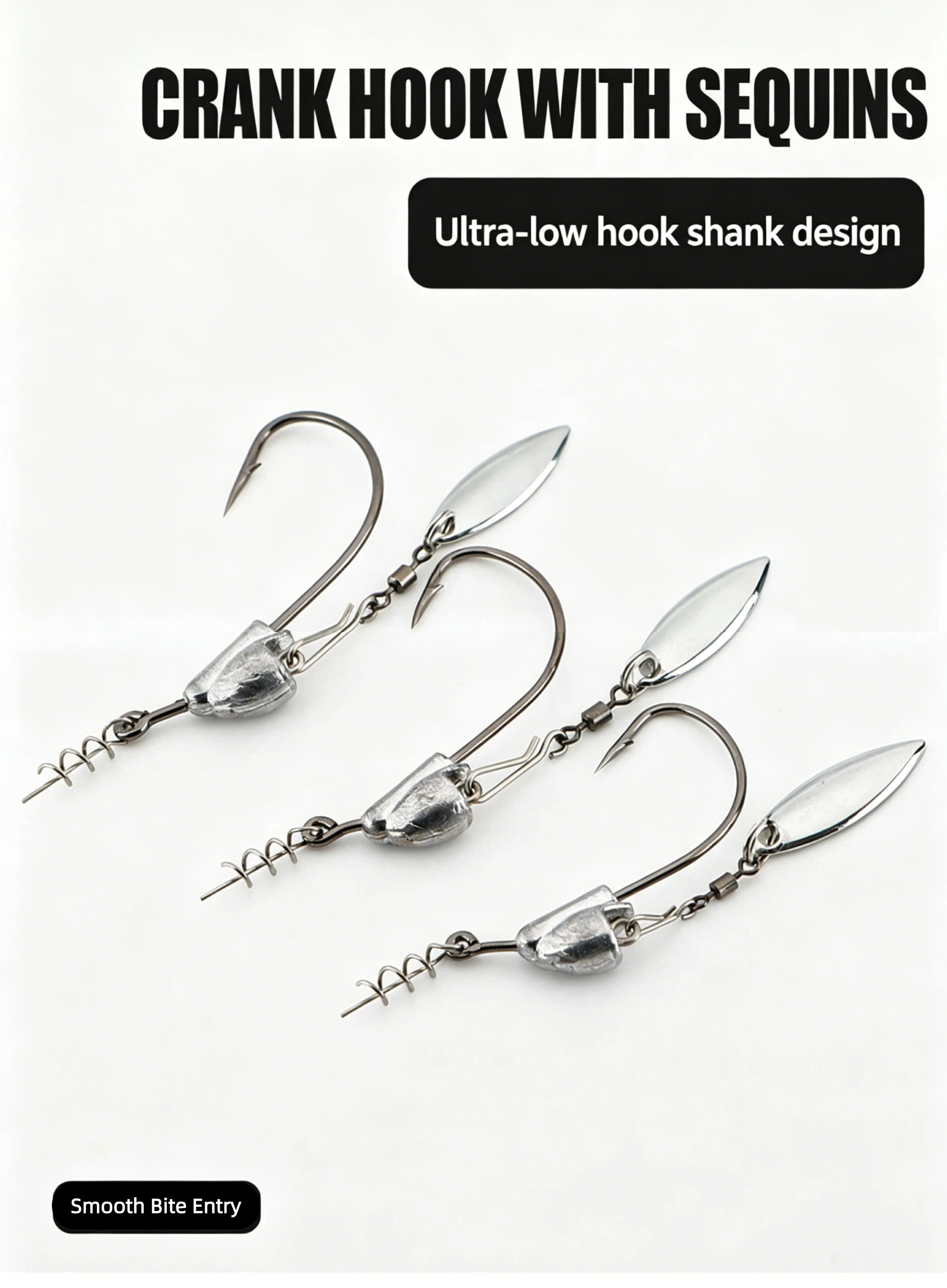 Crank hook lure set with low shank, silver weighted lead and single curved hooks