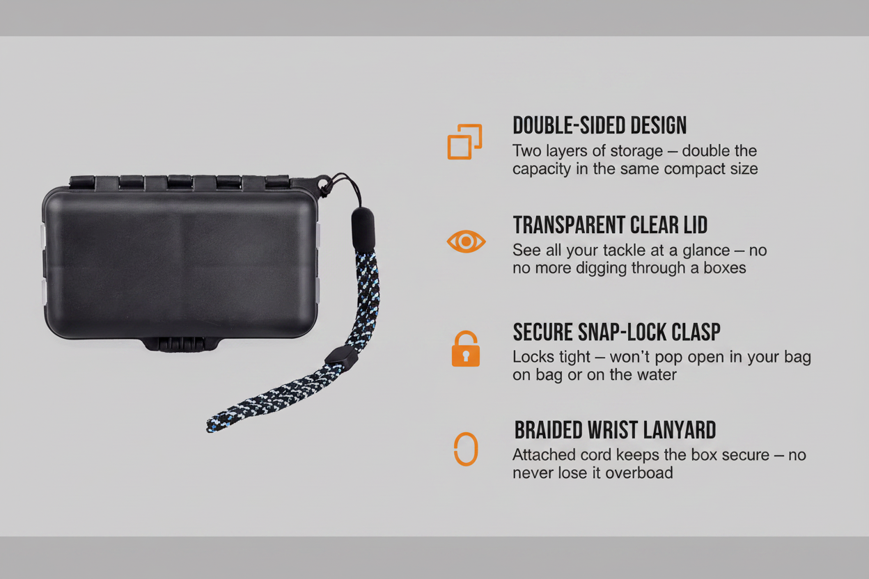 Double-sided mini lure tackle box with clear lid, dark hard case, braided wrist lanyard