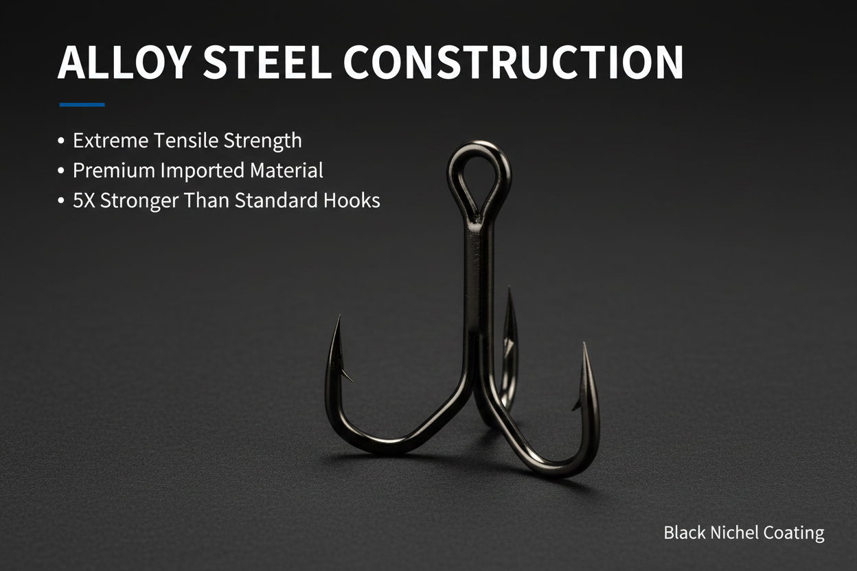 Black nickel coated alloy steel treble hook with three barbed points