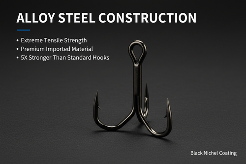 Black nickel coated alloy steel treble hook with three barbed points