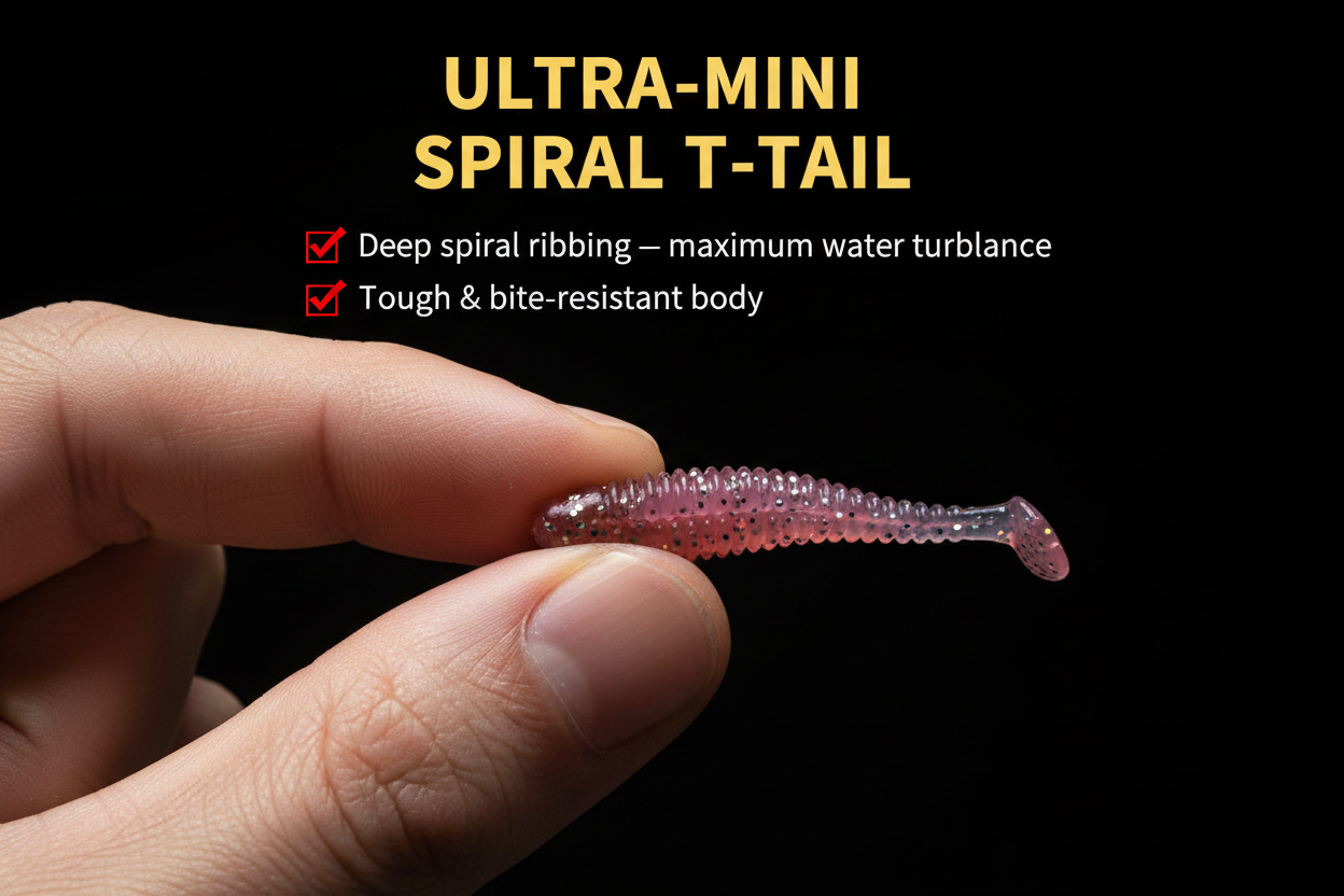 Ultra-mini spiral T-tail soft lure with jig head, pink-purple worm held between fingers