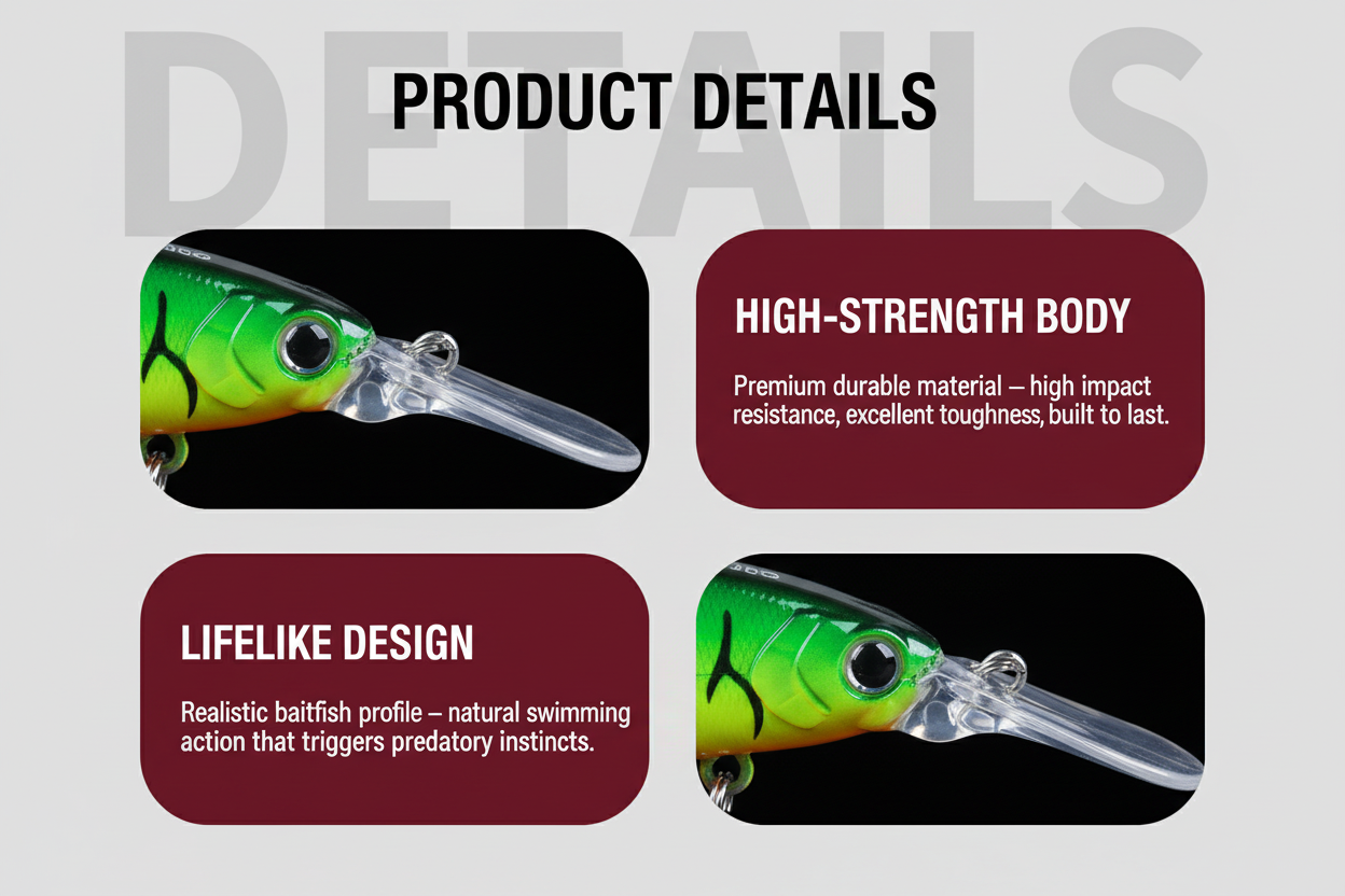 Green long-lip sinking minnow crankbait with clear lip and treble hooks