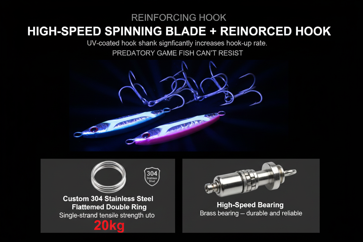 Fishing spinner jig lure with silver blade and treble hook, blue and pink glow.