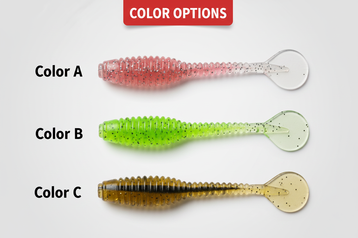 Color options set of three spiral T-tail soft lures with jig heads: pink, green, brown