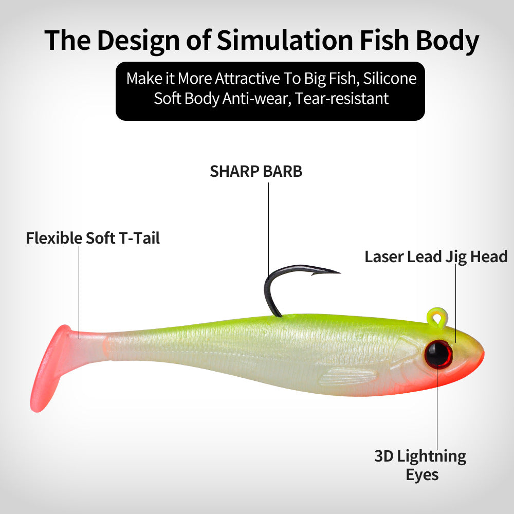 Translucent green paddle tail soft swimbait with jig head, 3D-style eyes, pink tail