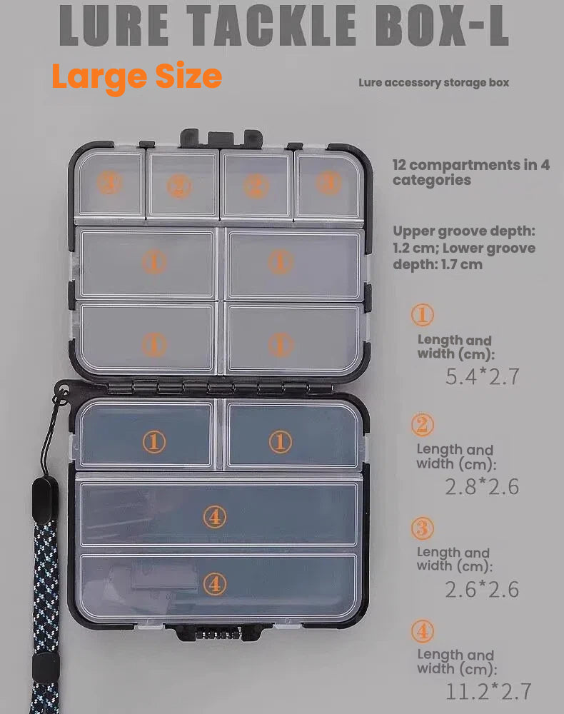 Large lure tackle box, dark case with clear compartments and 12 section layout