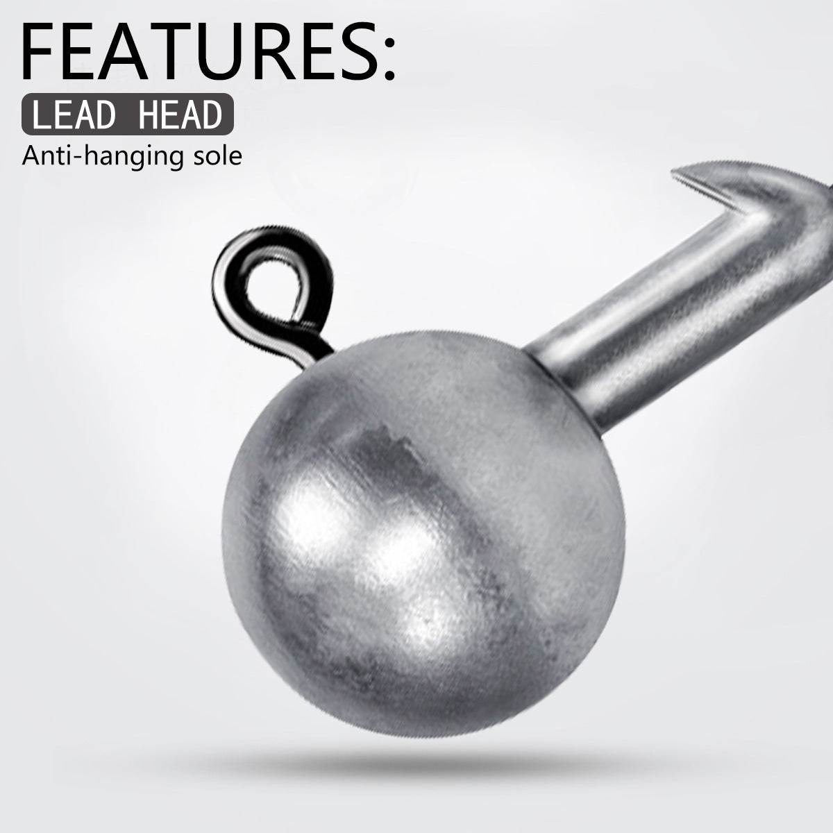 Silver lead head jig hook with barbed shank and anti-hanging sole design