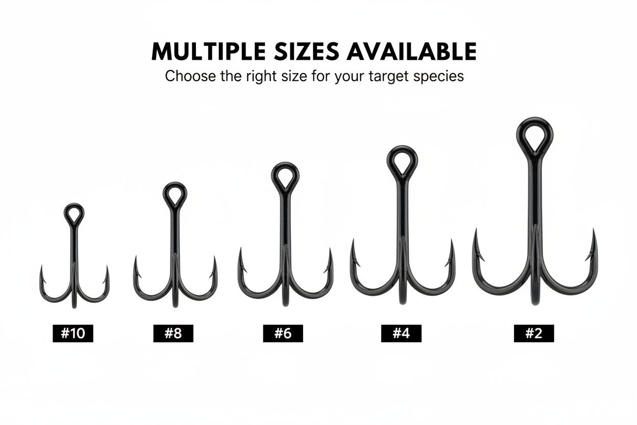 Assorted black treble hooks showing multiple sizes #10, #8, #6, #4, #2