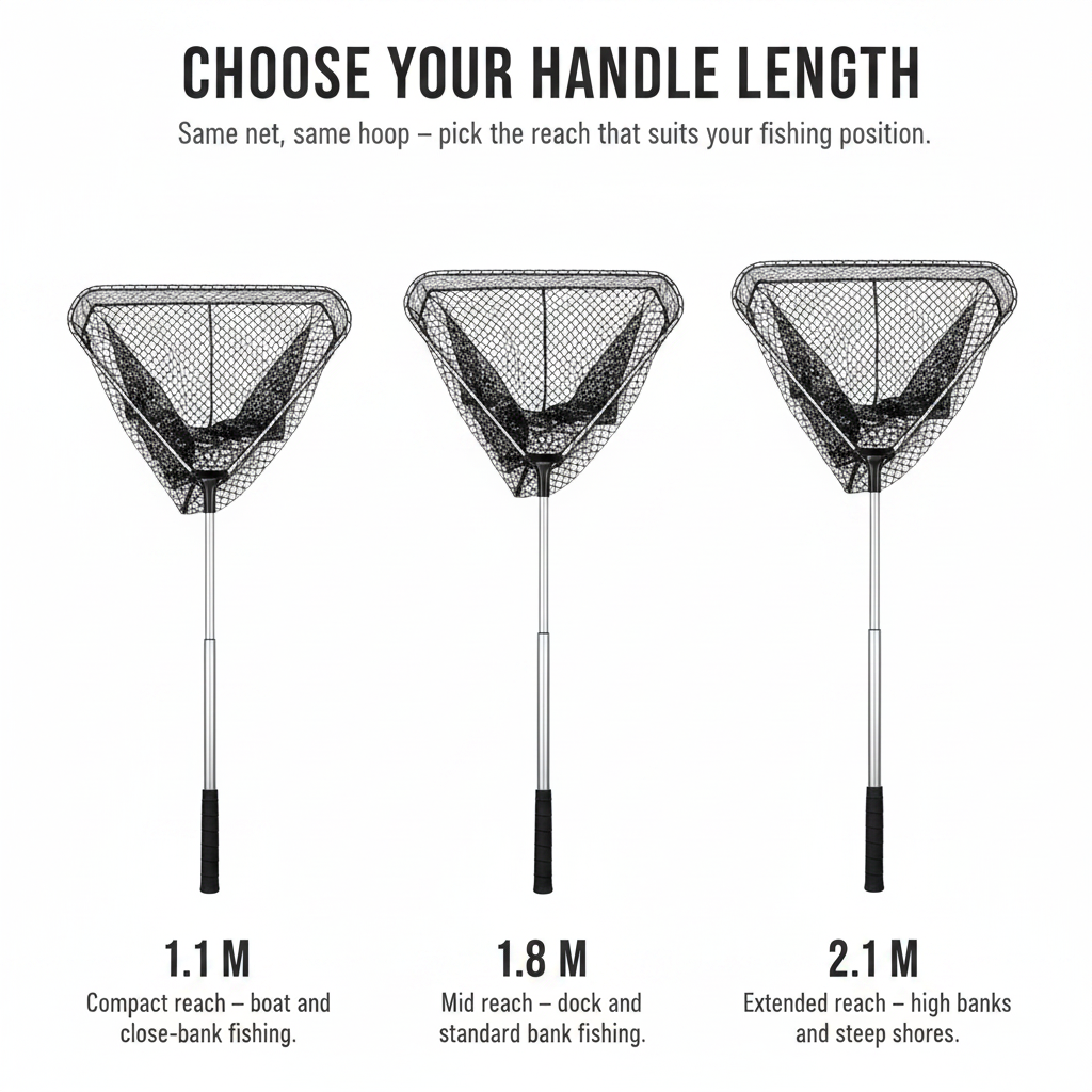 Set of triangular fine-mesh landing nets with three telescopic handle lengths, black grips