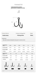 Black treble fishing hook, tri-cut diamond point, alloy steel with ring eye
