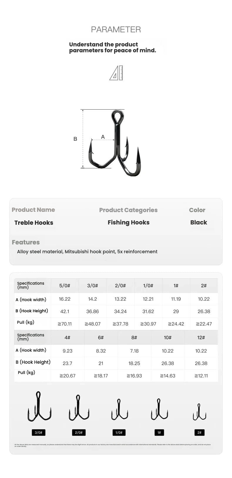 Black treble fishing hook, tri-cut diamond point, alloy steel with ring eye