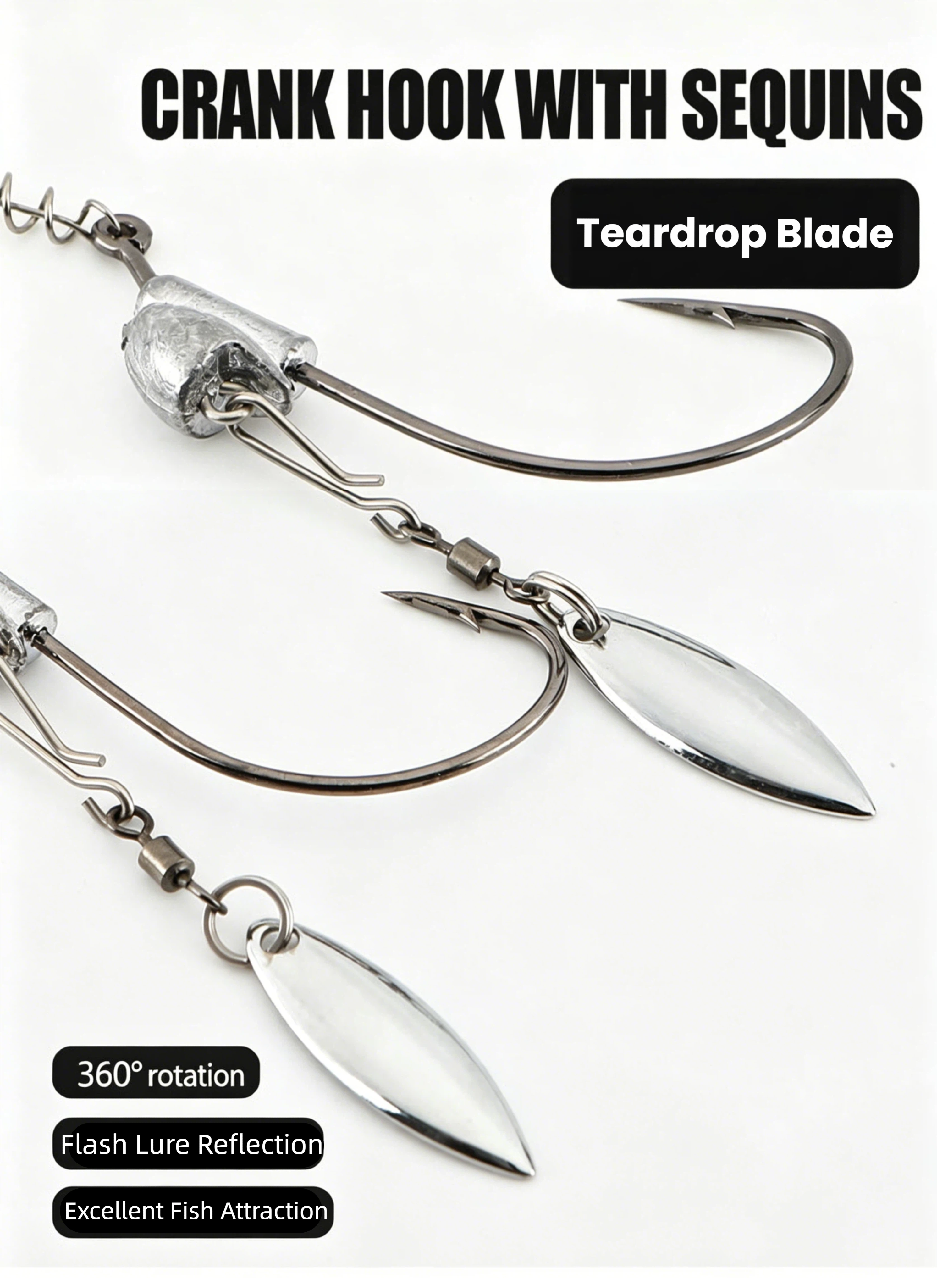 Crank hook lure with reflective teardrop blade, curved single hook, linked weighted lead