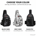 Three fishing sling bag colors: black camo, gray camo, and black PVC