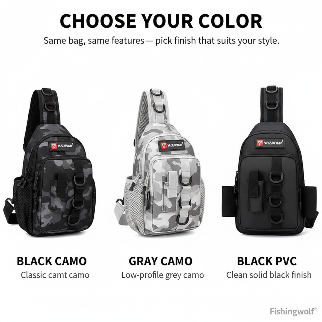 Three fishing sling bag colors: black camo, gray camo, and black PVC