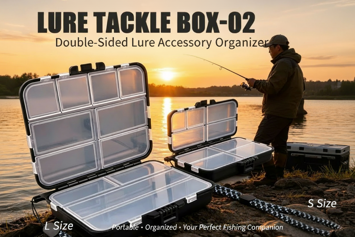 Double-sided lure tackle box with open clear compartments and hinged lid trays