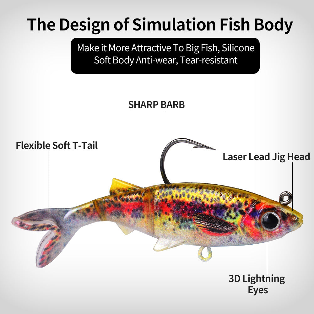 Fish-shaped soft swimbait jig lure with curved hook and yellow-tan multi-color body